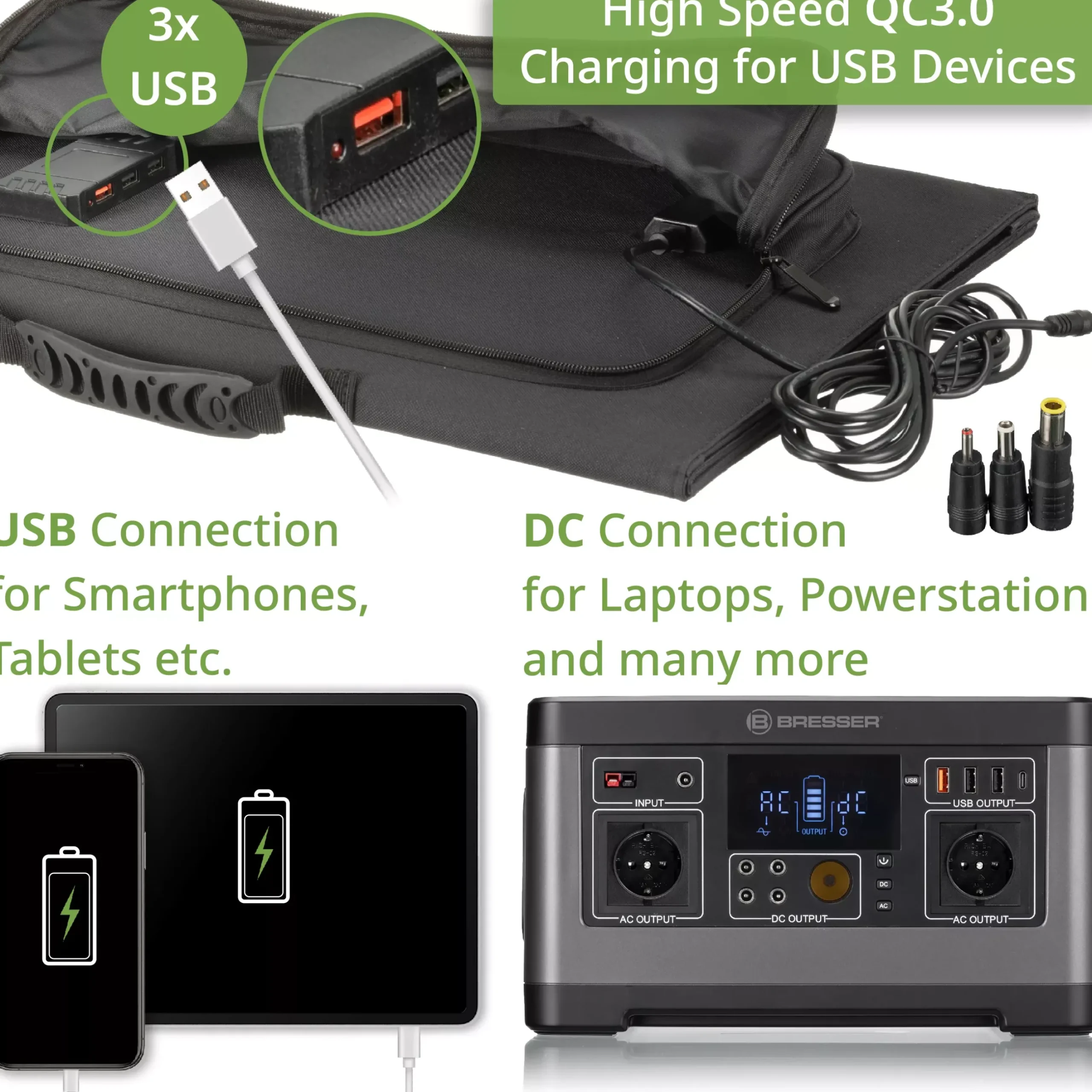 Bresser Mobile Stromversorgung|Stromversorgung>Mobiles Solar-Ladegerät 90 Watt mit USB- u. DC-Anschluss