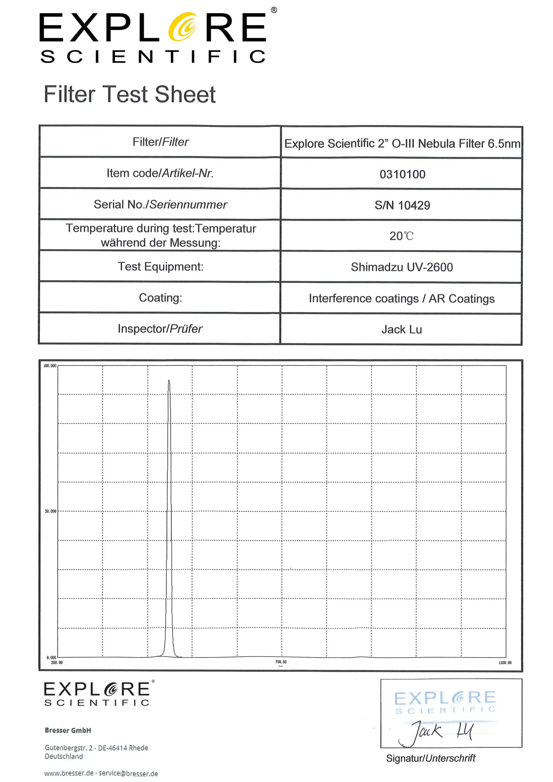 Bresser Filter Für Deep-Sky-Beobachtung Und Astrofotografie|Filter Für Astrofotografie>EXPLORE SCIENTIFIC 2" O-III Nebelfilter 6.5nm